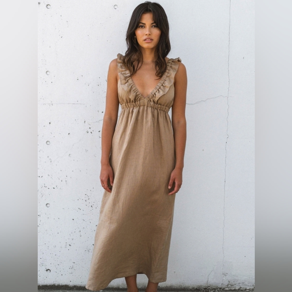 Harly Jae Milos Linen Ruffle Dress Tan Taupe